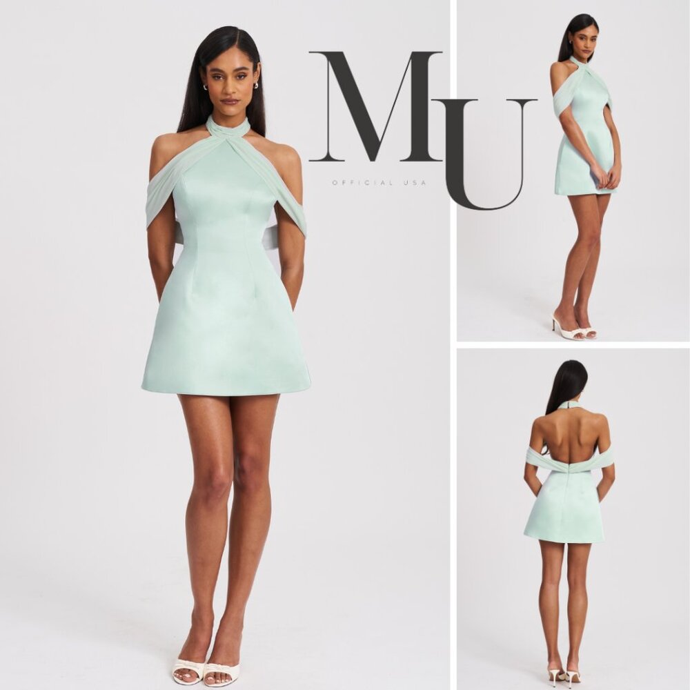 Zafrina Light Cyan Halter Off-shoulder Mini Dress